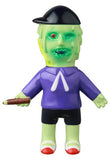 VAG 42 - Toromikun by Yoshimoto Kogyo is a Japanese vinyl toy from Medicom (JP), featuring green skin, one red eye, a black cap, purple shirt, black shorts, red and white shoes, and holding a brown object in its right hand.