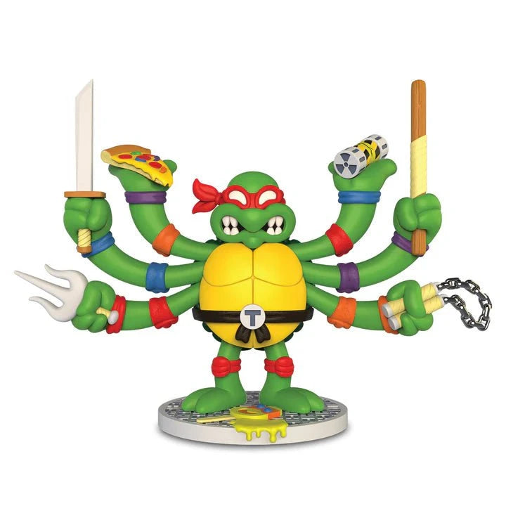 The Kidrobot (US) Teenage Mutant Ninja Turtles TMNT GURU Resin Figure by CHOGRIN features a six-armed TMNT, each hand holding unique items, displayed on a detailed sewer-themed base.