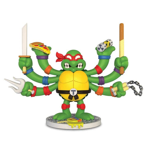 The Kidrobot (US) Teenage Mutant Ninja Turtles TMNT GURU Resin Figure by CHOGRIN features a six-armed TMNT, each hand holding unique items, displayed on a detailed sewer-themed base.