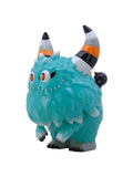 The Little Hut (HK)’s Rangeas Rex Jr. — Tiff is a teal furry monster figurine with orange, white, and black striped horns, yellow eyes, and small black claws—ideal for any collectible display.