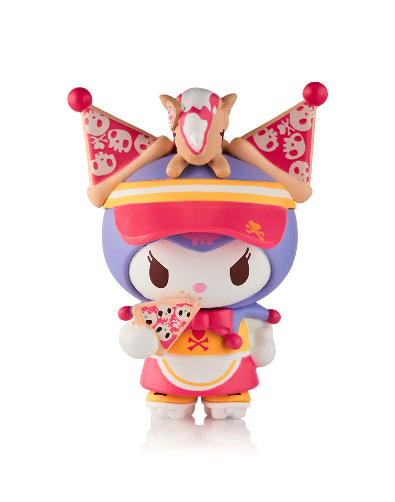 From the tokidoki (IT) Tokidoki x Hello Kitty & Friends Fast Food Blind Box, this toy figure wears purple and pink, holds a pizza slice, sports pizza party hats, and has a small animal with a pizza hat on its head.
