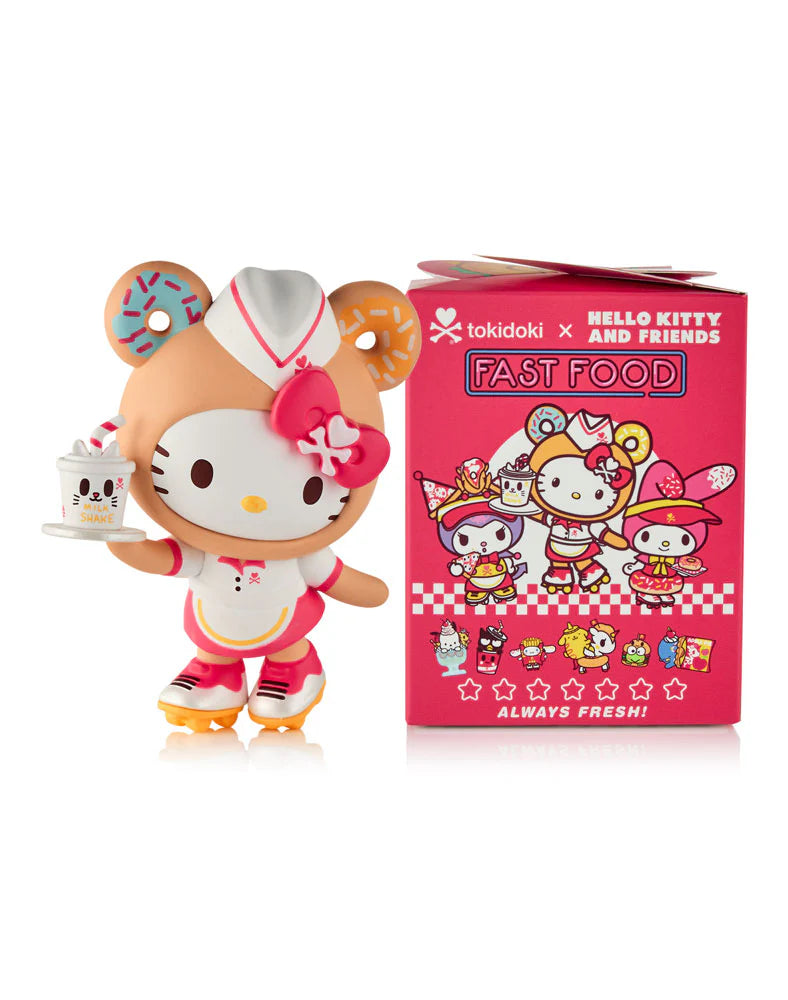 The Tokidoki x Hello Kitty & Friends Fast Food Blind Box by tokidoki (IT) features a collectible figure in a fast food-themed costume with a milkshake, next to a pink box with matching Hello Kitty and Friends fast food graphics.