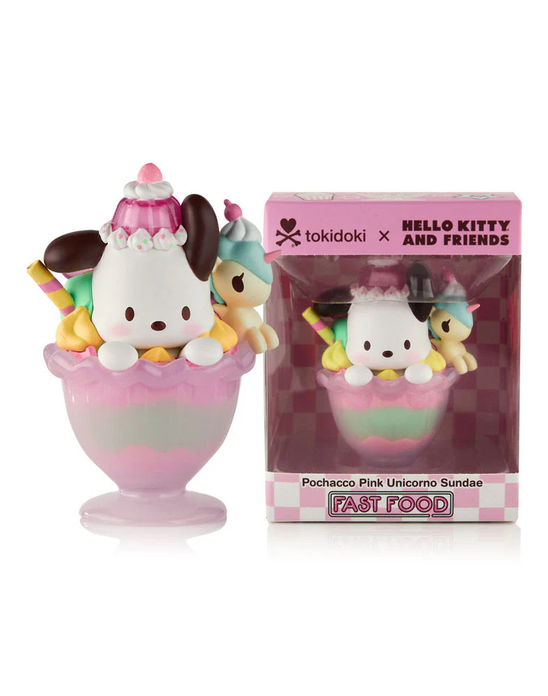 The tokidoki (IT) Tokidoki x Hello Kitty & Friends Fast Food - Pochacco Pink Unicorno Sundae (Special Edition) figurine is shown beside its box, highlighting the special collaboration.