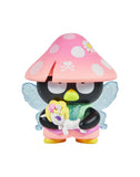 A black cartoon character with clear blue wings and a pink mushroom hat holds a white unicorn toy, inspired by the Tokidoki x Hello Kitty and Friends Butterfly Garden Blind Box collectible by Rotofugi.