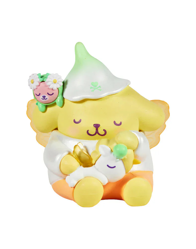 A yellow cartoon dog figurine from the Tokidoki x Hello Kitty and Friends Butterfly Garden Blind Box by Rotofugi wears a white hat with a green tip, hugs a bunny, and has a flower-crowned pink character on its head—ideal for collectors.
