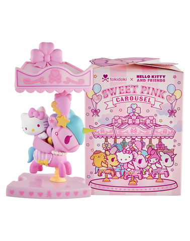 A tokidoki x Hello Kitty and Friends Sweet Pink Carousel Blind Box features a Hello Kitty figurine riding a pink and blue carousel horse, perfectly packaged for fans of collectible carousel figures.