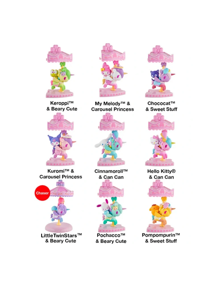 Unbox the tokidoki x Hello Kitty and Friends Sweet Pink Carousel Blind Box to collect nine charming carousel figures featuring Sanrio characters like Keroppi, My Melody, Kuromi, and Hello Kitty in delightful carousel designs.