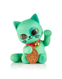 A green tokidoki (IT) Lucky Cat collectible with a raised paw, red collar and bell, and a dollar-sign coin—perfect for fans of the Tokidoki Lucky Cats Blind Box series.