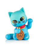 A blue Tokidoki Lucky Cats Blind Box figurine by tokidoki (IT) features yellow eyes, a red collar, and a peace symbol medallion, raising its right paw to beckon—perfect for collectors. White background.