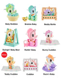 The tokidoki Baby Unicorno Blind Box features nine unique pastel figures, each with a different accessory and name like Baby Bubbles, Brekkie Baby, and Rock'n Baby—an adorable surprise collectible from tokidoki!.