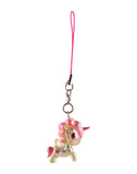 A small pink Tokidoki Shimmer Cherry Blossom Unicorno Frenzies keychain from tokidoki, featuring a glittery pony with a hat, colorful cherry blossom-inspired design, pink strap, and metal clasp.
