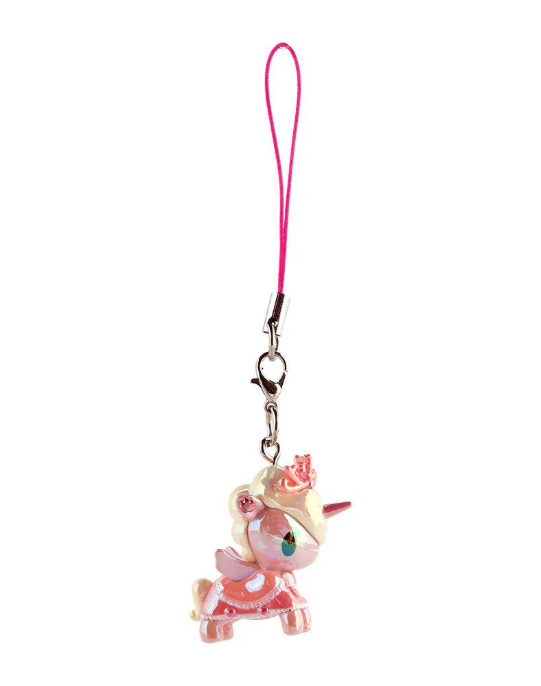 The tokidoki Shimmer Cherry Blossom Unicorno Frenzies Blind Box is a cute pink keychain with a crown, lobster clasp, and pink wrist strap—ideal for fans of clip-on accessories.
