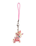 The tokidoki Shimmer Cherry Blossom Unicorno Frenzies Blind Box is a cute pink keychain with a crown, lobster clasp, and pink wrist strap—ideal for fans of clip-on accessories.