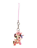 The tokidoki Shimmer Cherry Blossom Unicorno Frenzies Blind Box keychain features a pink Unicorno with metallic accents, floral and heart designs, and a matching strap—ideal for fans of cute clip-on accessories.