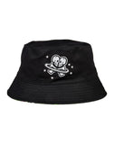 A Tokidoki Space Cadet reversible Bucket Hat with an embroidered graphic of a skull and crossbones on it.