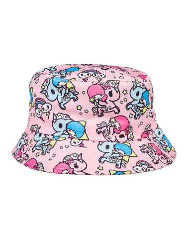 A sublimated bucket hat featuring Tokidoki Twin Stars cartoon characters in pink.
