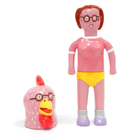 A toy figure with a human body and glasses, wearing yellow underwear and gray boots, stands next to a chicken head with glasses and a red comb. This is the About Animals Usami Piyon— Chicken 2nd from Paradise Toy (TW).