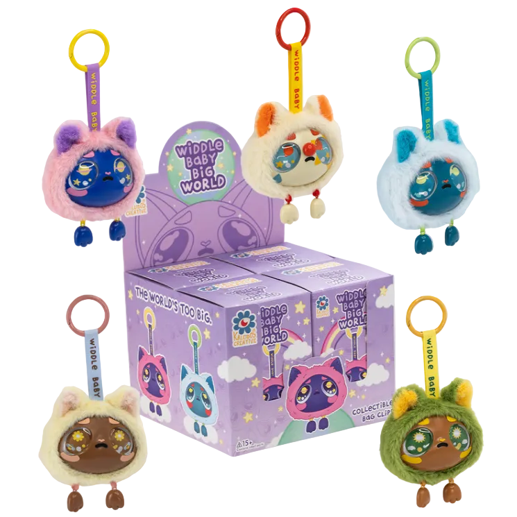 Five adorable plush animal bag clips with colorful ears and faces dangle around a purple blind box labeled “Widdle Baby Big World Bag Clip Blind Box” from Kaleidos Creative. The box showcases character art that matches each Widdle Baby bag clip. Each plush features a handy loop for hanging and has playful dangling feet.
