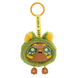 A round, brown keychain toy from Kaleidos Creative’s Widdle Baby Big World Bag Clip Blind Box features big, sad eyes, green and yellow fluffy fur, small ears, and two little brown feet that dangle below. It comes with a yellow keyring and a ribbon labeled “widdle baby,” making this adorable accessory the perfect addition to any bag.