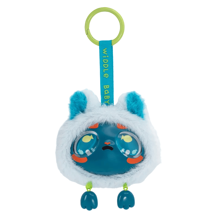 A Widdle Baby Big World Bag Clip Blind Box by Kaleidos Creative, featuring a plush keychain character with a furry white hood, blue face, teal ears, and dangling teal feet. The character has large glossy eyes, orange cheeks, a sad expression, and comes with a green strap that reads “Widdle Babies.”.