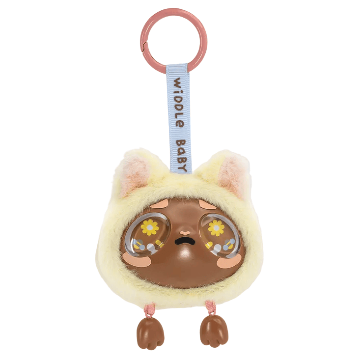 A Kaleidos Creative Widdle Baby Big World Bag Clip Blind Box keychain featuring a round toy with a brown face, big eyes decorated with flowers, small cat ears, tiny feet, a blue ribbon, and a pink keyring.