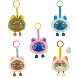 Five Kaleidos Creative Widdle Baby Big World Bag Clip Blind Box plush animal keychains, each with big blue eyes and colorful ears, are attached to different colored keyrings. The plushies come in green, blue, purple-pink, cream brown, and cream orange. One of the plush toys features a “1/48” badge nearby.