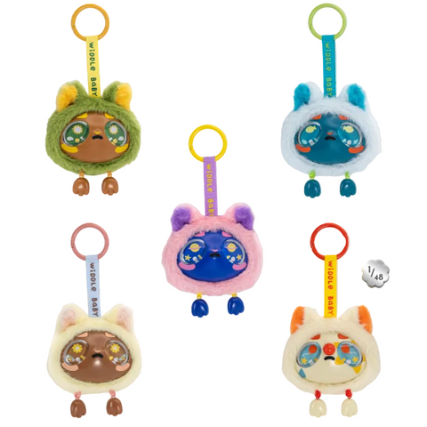 Five Kaleidos Creative Widdle Baby Big World Bag Clip Blind Box plush animal keychains, each with big blue eyes and colorful ears, are attached to different colored keyrings. The plushies come in green, blue, purple-pink, cream brown, and cream orange. One of the plush toys features a “1/48” badge nearby.