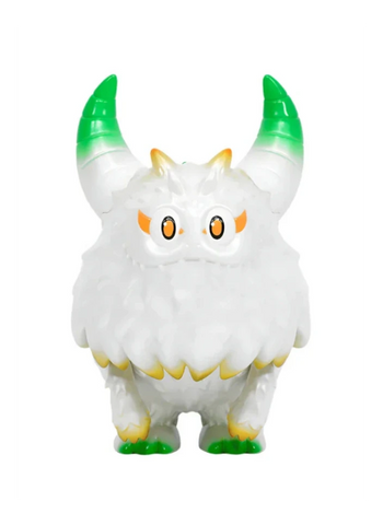 The Little Hut (HK) Rangeas Rex Jr. — White & Gold features a white, furry creature with green-tipped horns, orange eye accents, and yellow feet details, showcased in a striking white and gold colorway against a plain background.