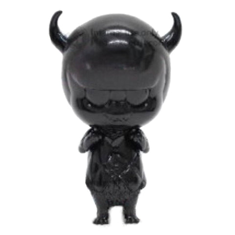 A black, horned, chibi-style figure with a large head, small body, and a wide grin stands upright: Yaya — Black by How2Work (HK).