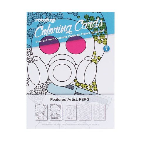 A Rotofugi Coloring Cards Set 2 - Ferg with a gas mask on the cover, perfect for art lovers.