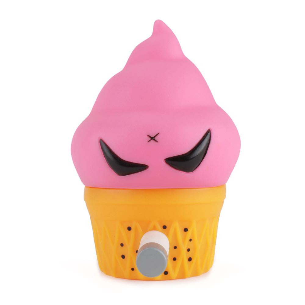 The Smorkin' Monger Jerome - Strawberry by Squibbles Ink + Rotofugi is a toy shaped like an ice cream cone, featuring a pink swirl top and an angry face, making it ideal for the Smorkin' Monger series.