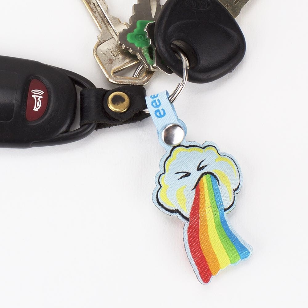 A keychain with an Under the Weather eeensy Charms - Blind Box and a smiley face charm.