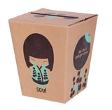 A cardboard box featuring a character labeled 