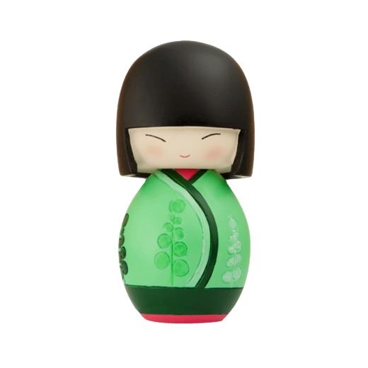 The Soul Momiji Doll - Green by Momiji (UK) is a delightful small wooden figure with a round head and simple facial features. Dressed in an elegant green kimono adorned with black and green patterns, this charming doll conceals a secret message, making it an intriguing addition to any collection.