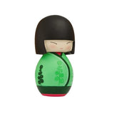 The Soul Momiji Doll - Green by Momiji (UK) is a Japanese kokeshi doll featuring a black bob hairstyle and dressed in a green kimono with intricate black floral patterns, reminiscent of handpainted resin message dolls that conceal a hidden message.