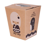 The packaging of the Silly Billy Momiji Doll by Momiji (UK) showcases an illustration of a person and a penguin. It includes text stating 