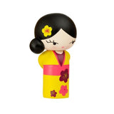 The Birthday Girl Momiji Doll by Momiji (UK) is a handpainted resin figure dressed in a yellow kimono with pink and purple floral designs. It has a black bun hairstyle decorated with a yellow flower and holds a secret message inside to spread love.