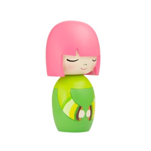 The Lucky Momiji Doll by Momiji (UK) is a delightful, handpainted resin doll featuring a pink bob hairstyle and a green outfit. With its serene facial expression, this charming figurine holds a secret message inside, ready to reveal its hidden wisdom.