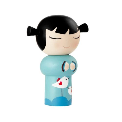 The Best Friends Momiji Doll by Momiji (UK) features black hair and is elegantly dressed in a blue outfit with white birds and wave designs, containing a hidden message inside.