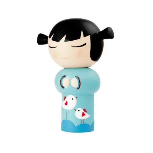 The Best Friends Momiji Doll by Momiji (UK) features a charming figure with black hair styled in pigtails, dressed in a blue outfit adorned with white birds. This handpainted resin message doll is specially crafted to hold your secret message within.