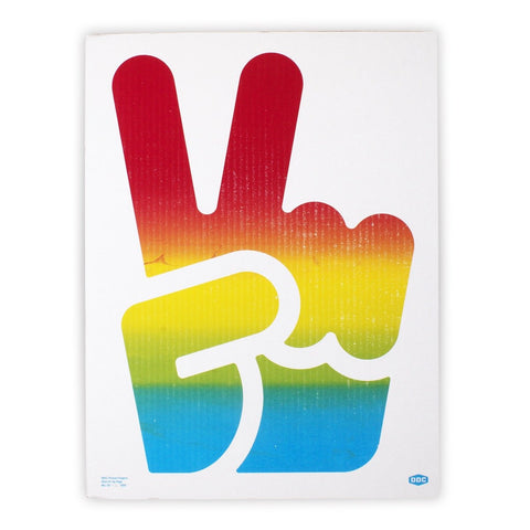 A DDC Peace Fingers Sign by Draplin Design on a white background, screenprinted on cardboard.