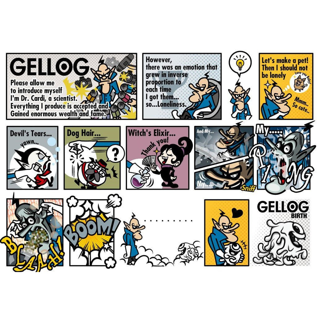 A comic strip featuring Gellog — Type-D (Rotofugi Exclusive) and other cartoon characters by Strangecat Toys.
