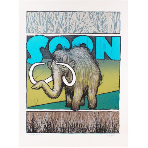 A mammoth image with the "Soon Print" screen printed on paper by The Birdmachine.