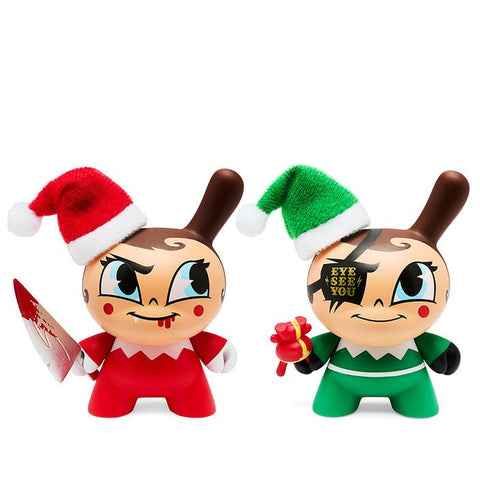 Two figures wearing Santa hats from Kidrobot's Go Elf Yourself Dunny — Evil or Nice collection.