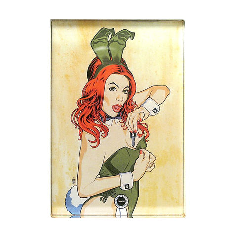 A Brian Ewing Playboy Redux Acrylic Magnet featuring an image of a woman in a bunny costume from the Playboy Redux exhibit by Rotofugi.