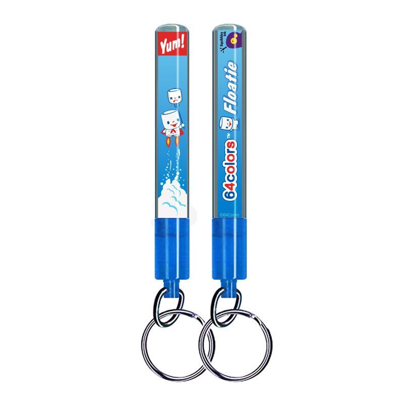 Two high-quality blue Marshall Artist Action Fob Floatie Keychains featuring a cartoon character by Inked Pulp (US).