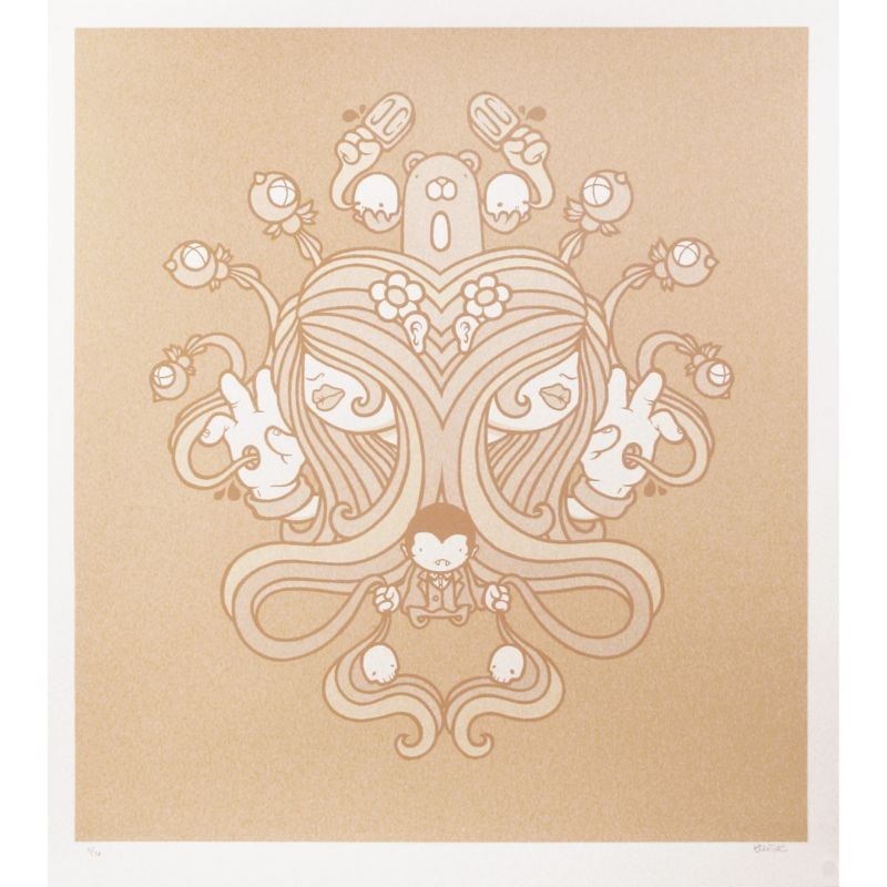 A beige screenprint featuring a man with a beard on paper: 
Untitled (Tan Psych) Screenprint by Mike Budai