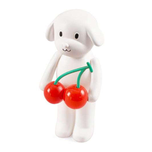 A limited edition resin figure of Puppy Tang F2 — I Like Big Cherry Pre-Order, a white toy dog holding cherries on a white background by AICHIAILE (CN).