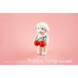 A limited edition Puppy Tang F2 — I like big cherry pre-order resin figure featuring a white dog holding cherries on a pink background by AICHIAILE (CN).