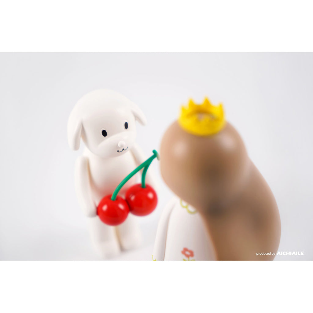A limited edition resin figure of Puppy Tang F2 — I Like Big Cherry Pre-Order,  wearing a crown, holds a cherry in its hand by AICHIAILE (CN).